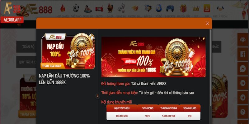 Ưu đãi AE3888 thưởng nạp đầu 100% hấp dẫn không nên bỏ qua