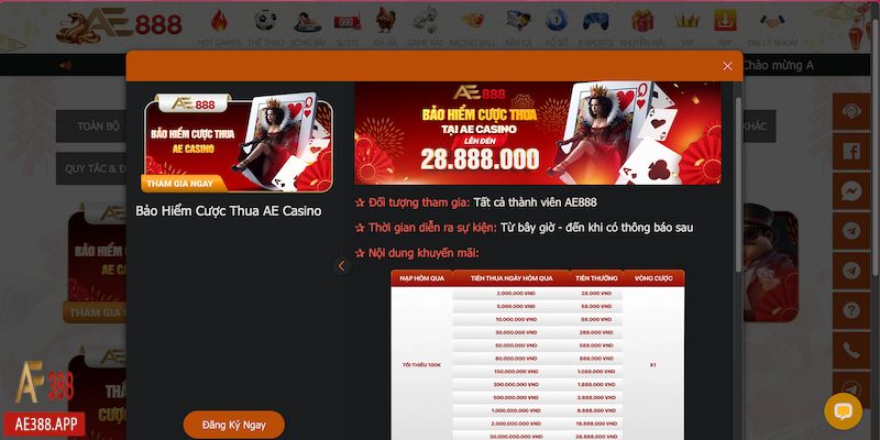 Nội dung chi tiết của ưu đãi bảo hiểm cược thua AE Casino